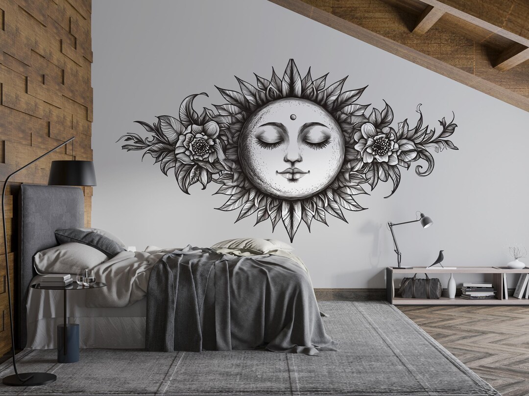 Celestial Moon Floral Mandala Wall Decal Boho Bedroom Wall Art ...