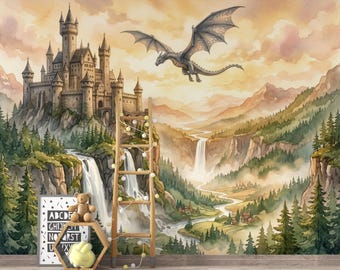 Castle Wall Mural, Fairy Tale Kingdom Wallpaper, Watercolor Waterfall Landscape, Magic Mountain Nursery Art, Dragon Peel and Stick Mural