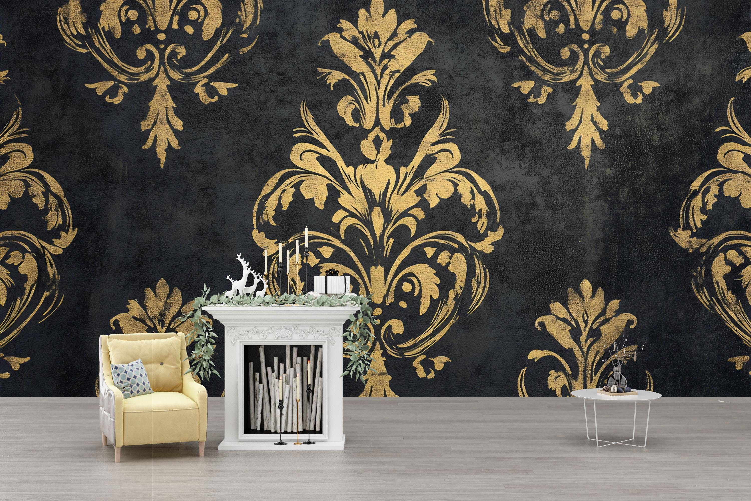 Black and Gold Victorian Damask Wallpaper – Elegant Baroque Mural ...
