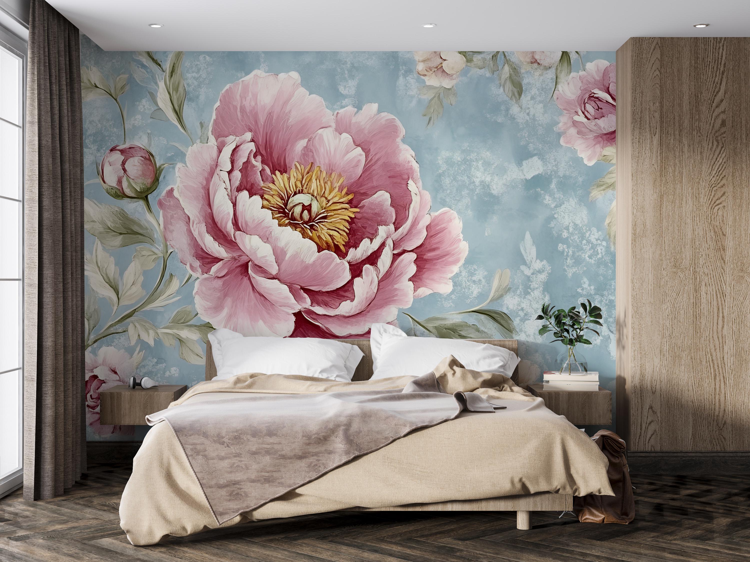 Vintage Peony Wall Mural – Pink Floral Wallpaper on Blue Textured ...