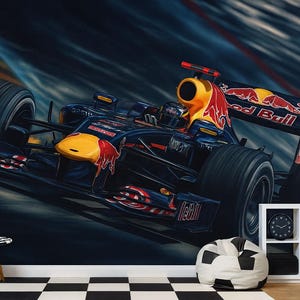 Papel de Parede 3D de Carro de Corrida de Fórmula 1 para Quarto de Menino | Mural de Parede de Carro Esportivo | Papel de Parede de Carro de Corrida de Fórmula 1 | Decoração de Parede Moderna e Arrojada