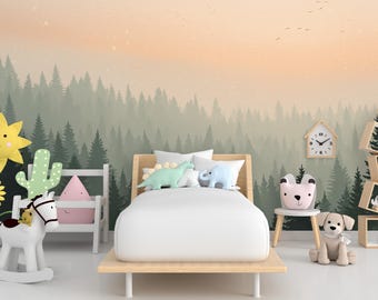 Forest Wallpaper watercolor Peel and Stick Forest Watercolor Wallpaper Mountain Wall Art Pine Tree Nature Wallpaper Blue Mountain Mural