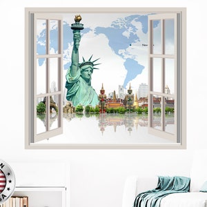 Weltkarte Wandtattoo. Reise Vinyl Aufkleber Wandbilder. Freiheitsstatue Fenster Dekor. Reise abnehmbare Aufkleber. New York Über Bett Abziehbilder NT101