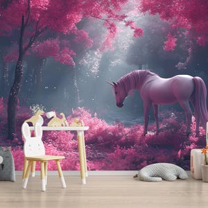Carta da parati murale con unicorno rosa - Carta da parati fantasy forest per cameretta, murale magico staccabile e attaccabile, decorazione da parete per cameretta bambina