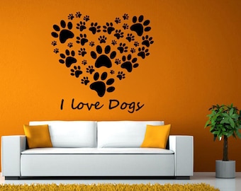 I Love Dogs Heart Shaped Many Dog Paws Wall Window Vehicle Sticker Decal Vinyl Fathead Mural Decor L2053