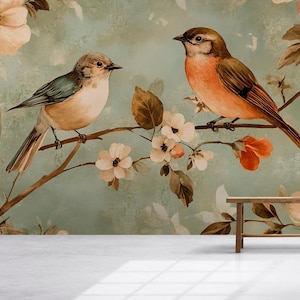 Vintage Bird Floral Wallpaper Mural – Two Songbirds Botanical Wall Decor – 3D Peel And Stick Stylish Bedroom Living Room Wallpaper