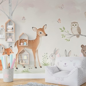 Forest Animals Wall Graphics Bear Fox Deer Peel and Stick Girl room Forest Wallpaper Nursery Self Adhesive Nursery wall decor Mural 578RS