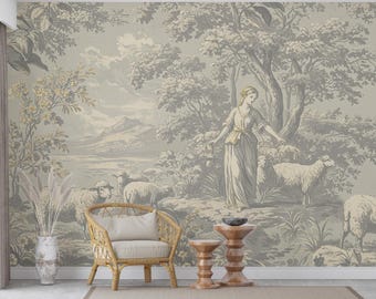 Toile de Jouy Tapete in Zart Grau Weiß mit Gold Umrandung | Vintage Pastoral Schälen und Stick Wandbild | Luxus Französisches Badezimmer Dekor 780RS