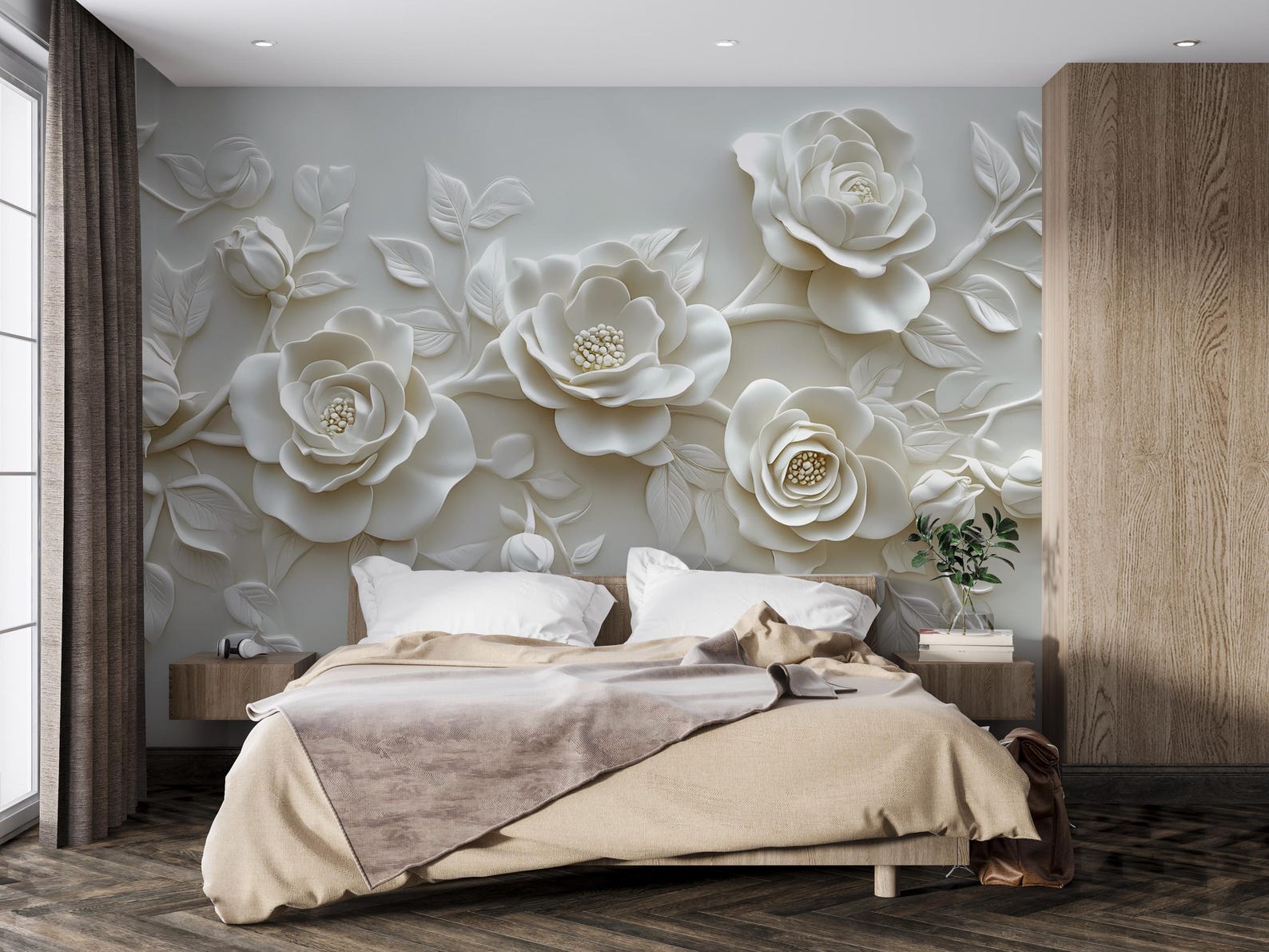 3D Visual Effect White Rose Wall Mural – Elegant Sculpted Floral ...