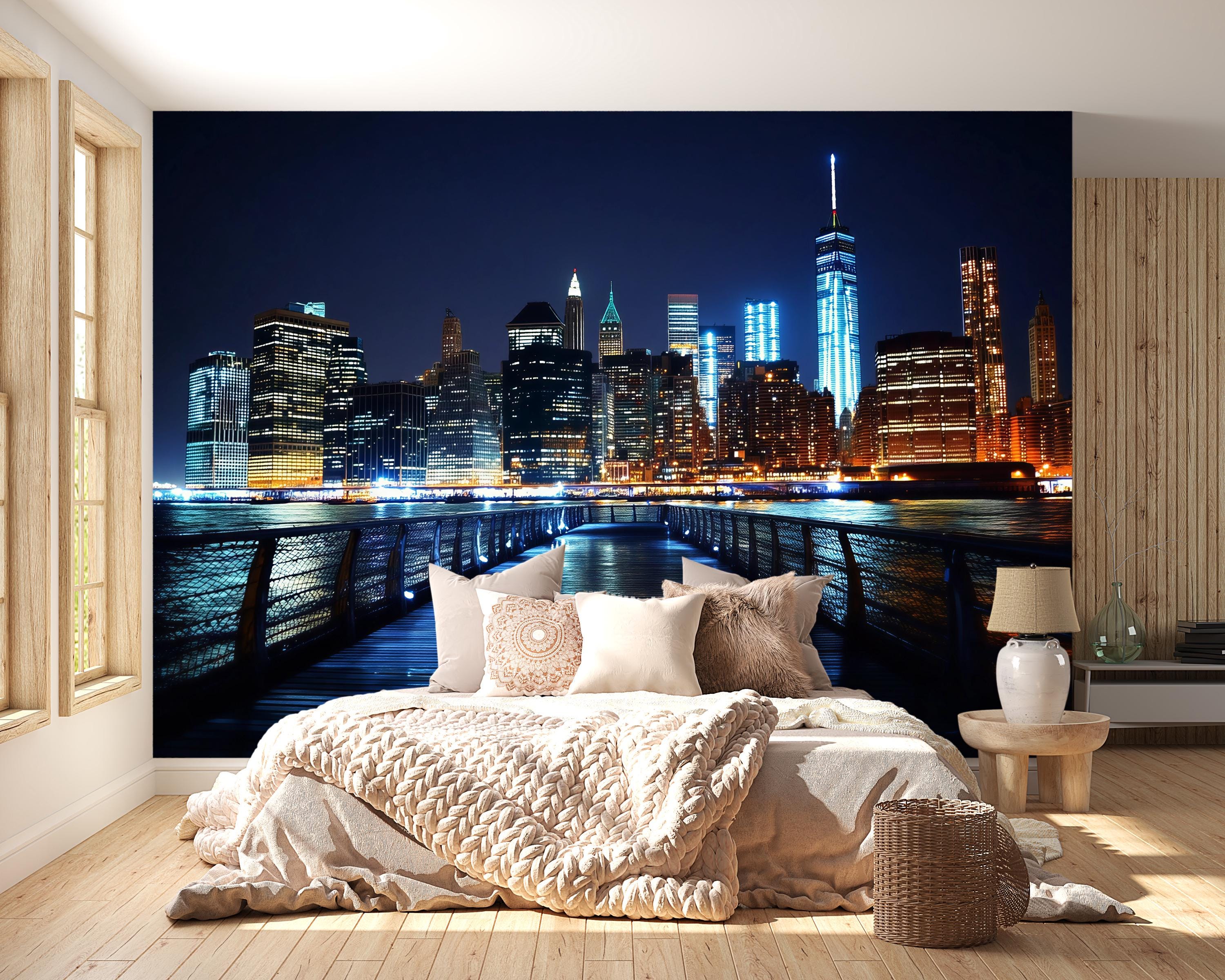 City Skyline Night Wallpaper Mural | Modern 3D Wall Decor | New York ...