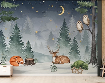 Behang Dromerig nachtelijk bos dierenkamer – Aquarel bosmuurschildering met maan en sterren – Calm muurkunst babykamer in blauw 818RS
