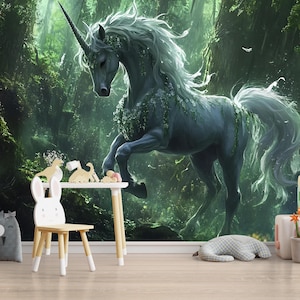 Carta da parati murale con unicorno maestoso e foresta – Carta da parati fantasy per cameretta – Carta da parati staccabile e adesiva o in tessuto non tessuto – Decorazione magica per la cameretta dei bambini