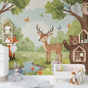 Forest Animals Wall Graphics Bear Fox Deer Peel and Stick Girl room Forest Wallpaper Nursery Self Adhesive Nursery wall decor Mural 595RS