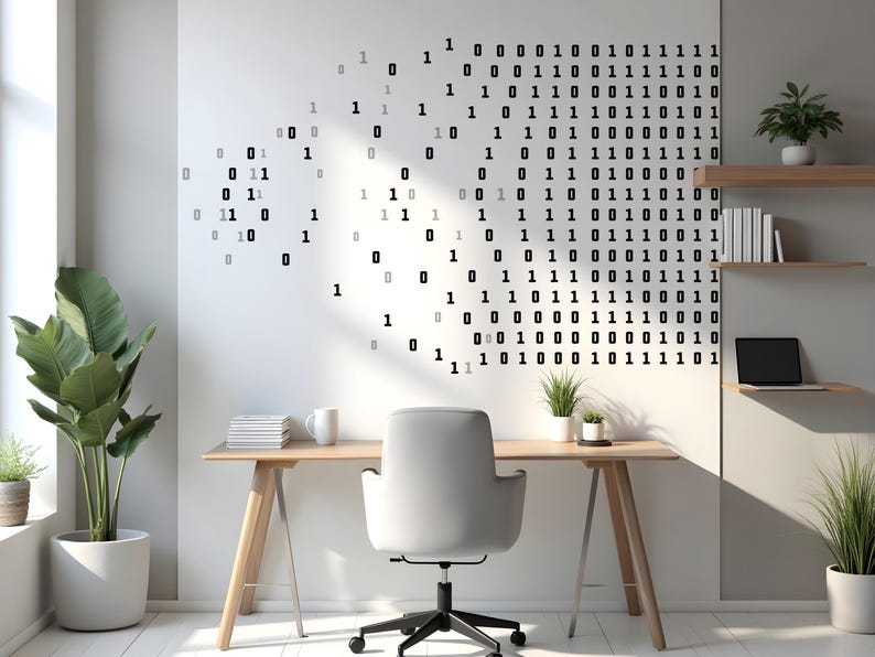 Puede incluir: Una oficina en casa moderna con un escritorio de madera, una silla blanca y una pared decorada con c&oacute;digo binario. La habitaci&oacute;n cuenta con plantas, un port&aacute;til y estanter&iacute;as con libros. La est&eacute;tica general es minimalista y centrada en la tecnolog&iacute;a.