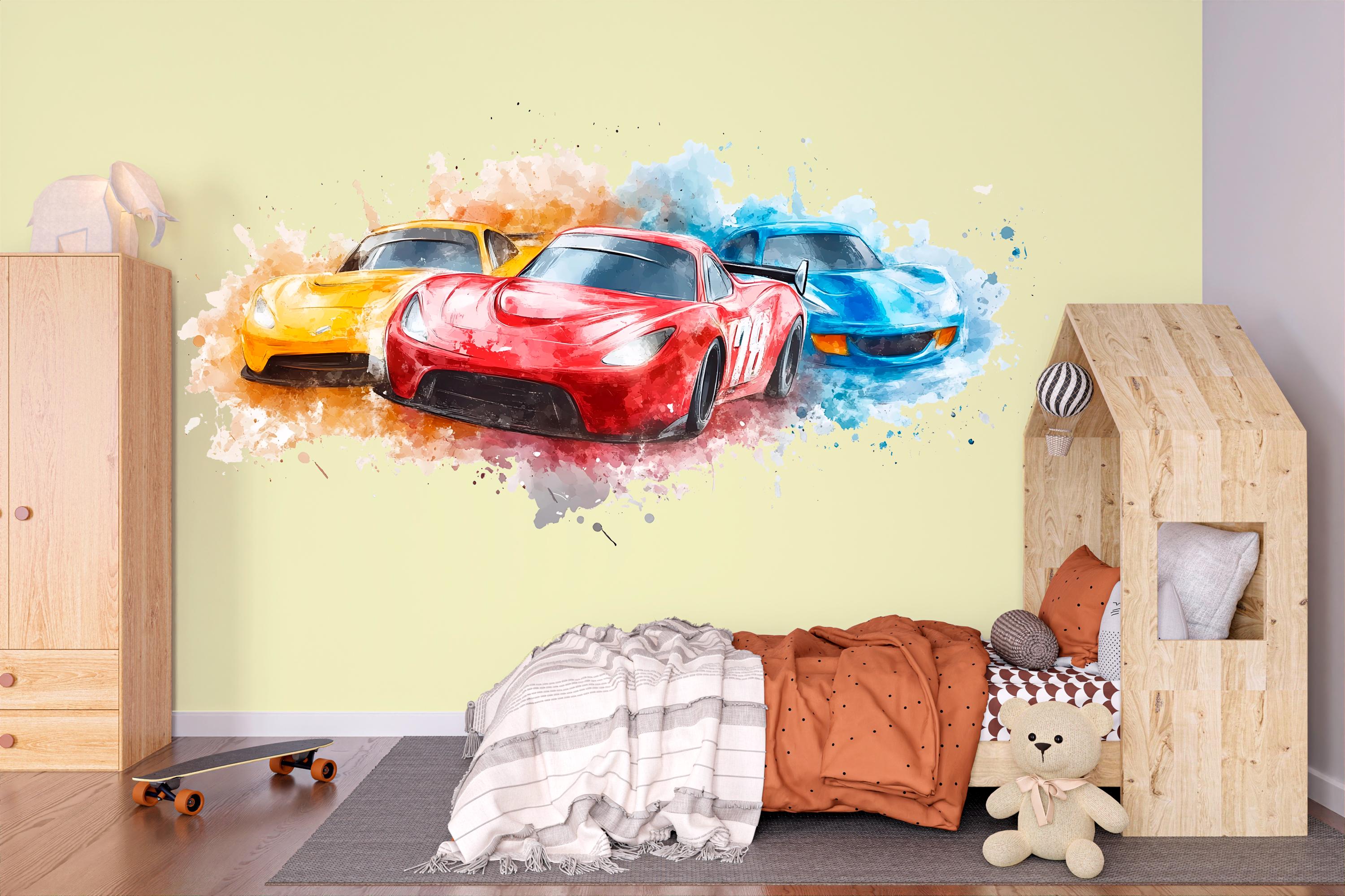 Watercolor Race Car Wall Decal • Boys Room Racing Mural • Sports Car ...