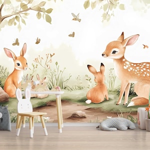 Woodland Deer Bunny Wall Mural – Forest Animal Nursery Wallpaper – Gender Neutral Watercolor Baby Room Decor – Peel and Stick or Non-Woven
