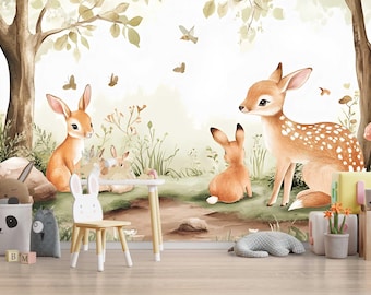 Woodland Deer Bunny Wall Mural – Forest Animal Nursery Wallpaper – Gender Neutral Watercolor Baby Room Decor – Peel and Stick or Non-Woven