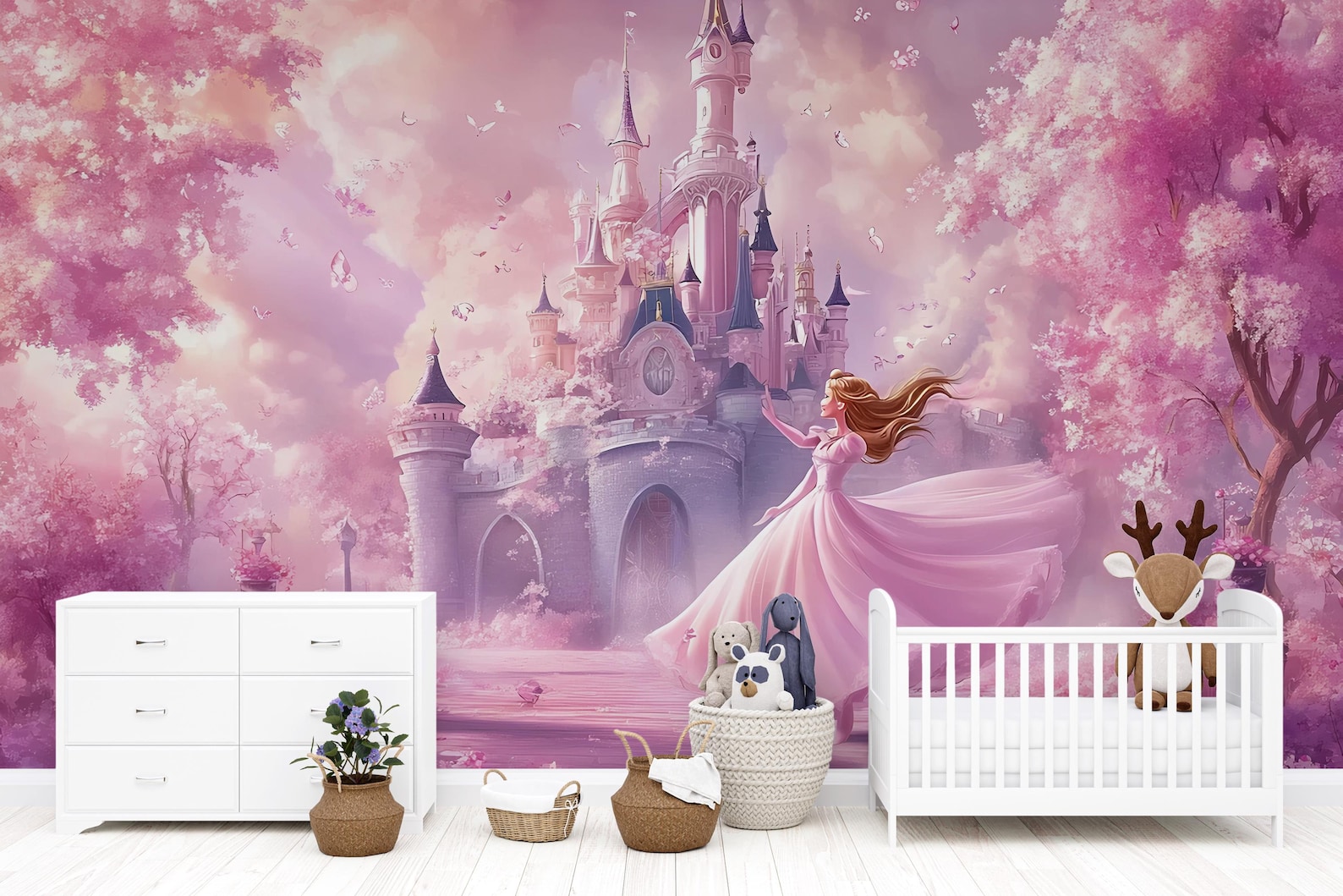 Fairytale Princess Castle Wall Mural – Soft Pink Nursery Wallpaper ...