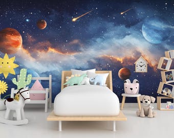 Adesivo de Parede Espacial | Mural de Parede Galáxia | Papel de Parede Espaço Sideral | Arte de Parede com Estrelas e Planetas Celestiais | Decoração de Quarto com Tema de Astronomia 583RS