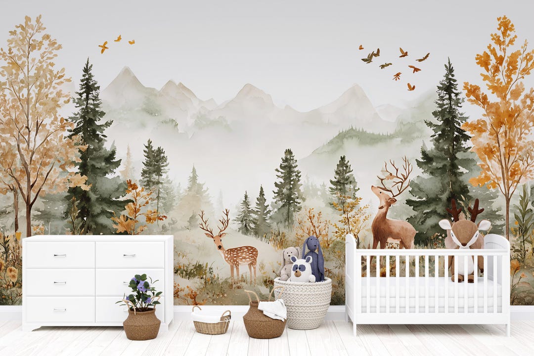 Woodland Deer Nursery Wall Mural - Peel and Stick Forest Wallpaper ...