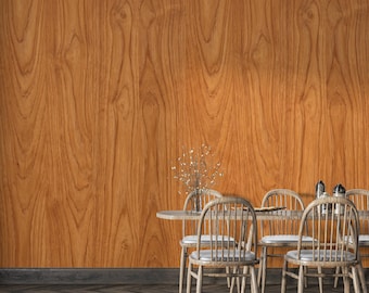 Vintage Teak Wood Wallpaper, Mid Century Wood Veneer Wall Mural, 1970s Retro Wood Grain, Warm Brown Wood Texture, Modern Wall Decor 1283RS