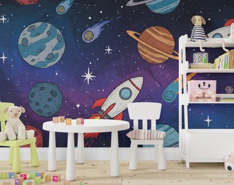 Decalque de parede espacial | Mural de parede de galáxia | Papel de parede do espaço sideral | Arte de parede de estrelas e planetas celestiais | Decoração de sala de astronomia 590RS
