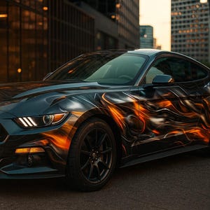 Fire Flames Car Wrap For Mustang | Custom Hot Rod Vinyl | Realistic Burn Design Wrap | Gift For Car Lovers | Street Racing Style Vehicle