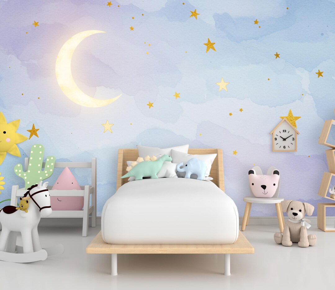 Moon Stars Wallpaper Watercolor Kids Room Peel and Stick Watercolor ...