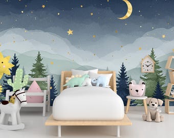 Behang Sterrennachtbos – Luxe aquarel muurschildering maan en sterren, betoverende kinderkamer of kinderkamer muurkunst 888RS