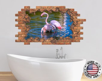 Flamingo Hole in the Decals. Flamingo Bird Vinyl Sticker. Flamingo Wall Mural. Flamingo Window Removable Decal. Flamingo Bathroom Decor NT85