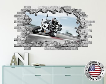 Foro di moto nelle decalcomanie. Murales adesivo in vinile motociclistico. Decalcomania rimovibile sport. Motociclista sopra la decalcomania del letto. Camera Ragazzi Decor NT88