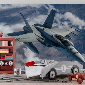 Fighter Jet Wall Mural – Military Aircraft Flying Over Mountains – Aviation Decor for Boys Room – Peel and Stick or Non-Woven Wallpaper