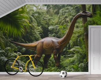 Brontosaurus Wall Mural – Realistic Jungle Dinosaur Peel and Stick Wallpaper – Removable Kids Room Mural for Boys Bedroom or Game Room
