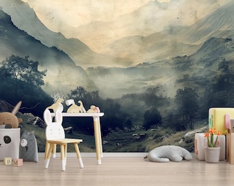 Cartoon Mountains Wall Mural 3D Forest Sun Photo Wallpaper