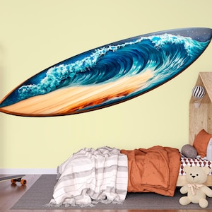 May include: A surfboard with a vibrant ocean wave design. The artwork features a dynamic wave in shades of blue and white, set against a sandy beach and a dark blue sky. The surfboard is mounted on a light yellow wall.