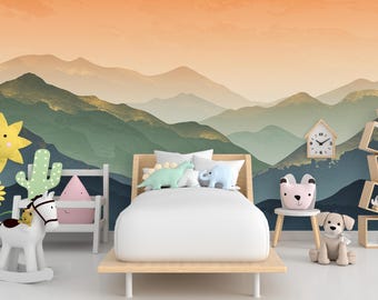 May include: A child's bedroom with a mountain mural in shades of green, gold, and orange. The room features a bed with white bedding, dinosaur and elephant pillows, a rocking horse, and a dog plushie. A clock and decorative shelves are also present.