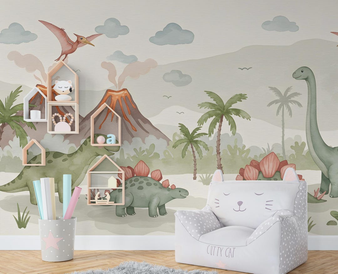Dinosaur Wall Decal | Watercolor Dino Wallpaper | Prehistoric Wall ...