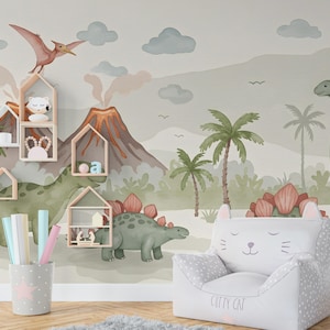 Dinosaur Wall Decal | Watercolor Dino Wallpaper | Prehistoric Wall Mural for Kids Room Nursery | T-Rex Jungle Decor 587RS