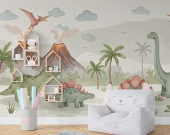 Dinosaur Wall Decal | Watercolor Dino Wallpaper | Prehistoric Wall Mural for Kids Room Nursery | T-Rex Jungle Decor 587RS
