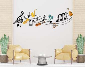 Music wall art decal, Music notes instruments wall decor, Music wall sticker, Music wall decals, Musician home decor, Music gifts 252LU