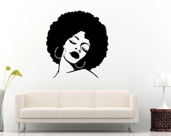 African American Woman Girl Lady With An Afro Hair Salon Style And Big Earrings Swag Wall Decal Vinyl Sticker Mural Room Decor L1052