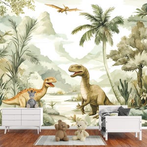 Dinosaur Wall Mural - Peel and Stick Kids Room Wallpaper - Jungle T-Rex Wall Art - Removable Dinosaur Nursery Decor - Kids Wall Mural Vn005