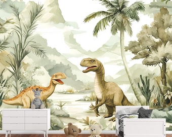 Papier peint dinosaure - Papier peint autocollant pour chambre d'enfant - Art mural T-Rex jungle - Déco dinosaure amovible pour chambre d'enfant - Papier peint enfant Vn005