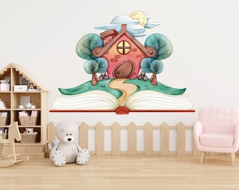 May include: Watercolor illustration of a storybook scene with a house, trees, and a path. The house is red and pink with a chimney, set atop an open book. A wooden bookshelf, rocking horse, teddy bear, and pink chair are in the room.