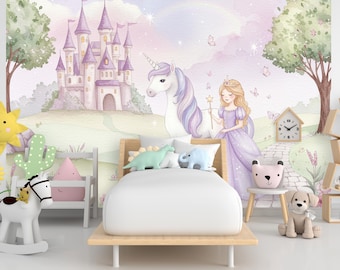 Unicorn Princess Room Wall Graphics Peel and Stick Girl room Wallpaper Nursery Self Adhesive Removable nursery wall decor Mural 728RS