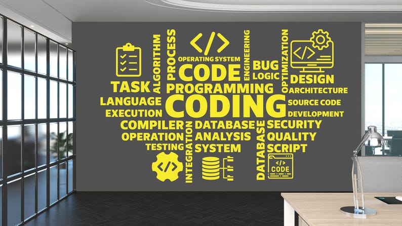 May include: A gray wall with a yellow word cloud about coding. The words include "algorithm", "process", "code", "programming", "coding", "database", "security", "quality", "script", and "design".