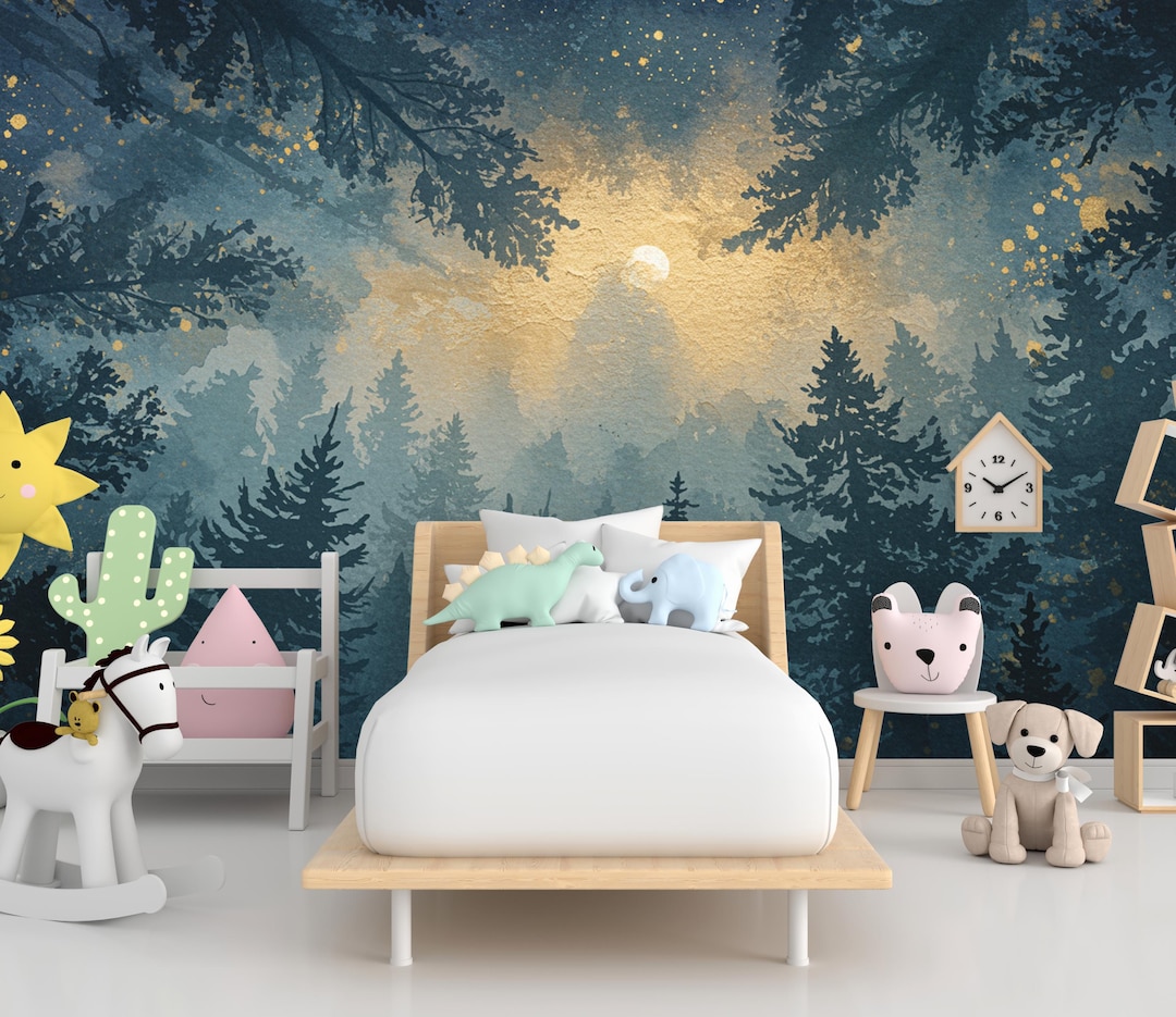 Watercolor Forest Wall Mural – Night Sky Wallpaper With Moon, Stars ...