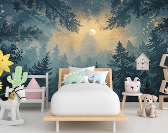 Aquarel bosmuurschildering – Nachtelijke hemelbehang met maan, sterren en bomen – Dromerige indigo bosmuurkunst voor slaapkamer of kinderkamer 807RS