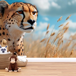 3D Cheetah Safari-behangmuurschildering | Realistische wilde kat muurkunst voor kinderkamer of kinderkamer | Jungledierendecoratie | Modern peel-and-stick
