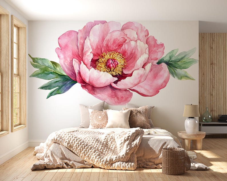 Large Peony Wall Decal • Pink Flower Mural Sticker • Watercolor Floral ...